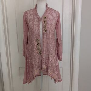 The Wardrobe Women's Sheer Kimono Cardigan LARGE Fairy Lace Rhinestones Feminine